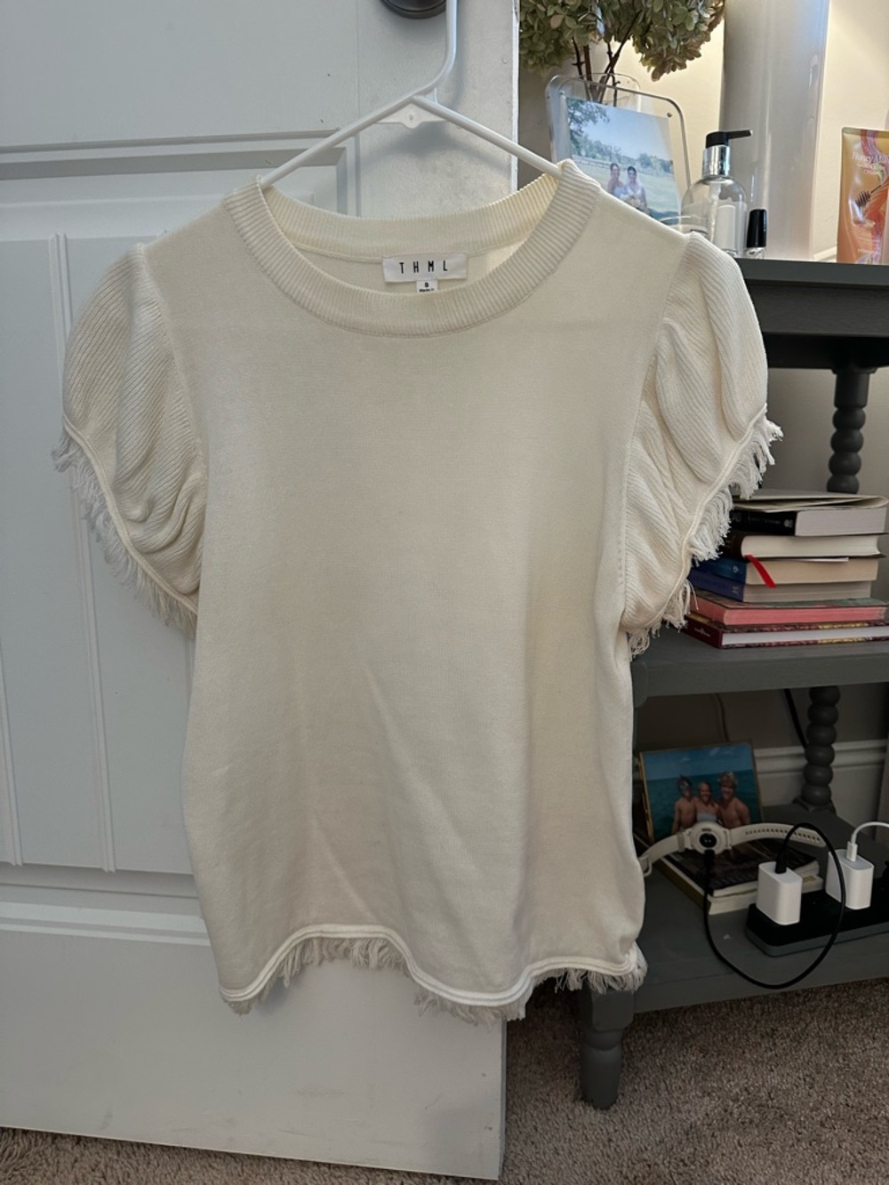 THML Ivory Short-Sleeve Fringe Puff Sleeve Knit Top